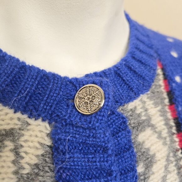 VTG Woolrich Women’s M Handframed Royal Blue Snowman Winter Wool Knit Cardigan - Picture 4 of 16